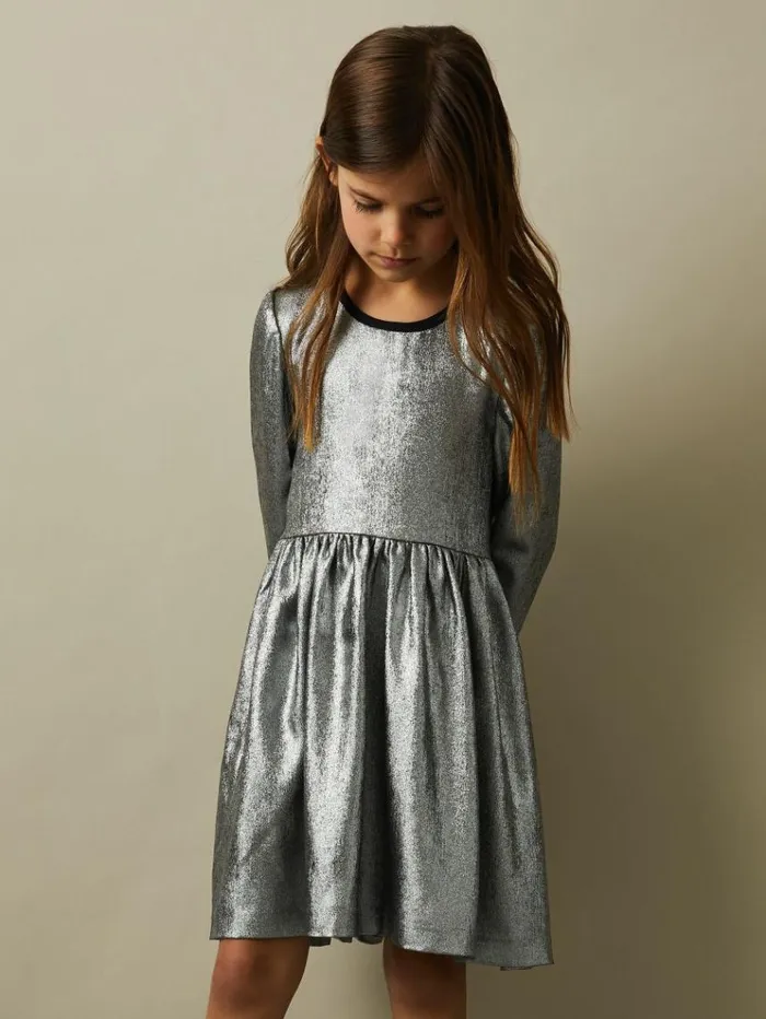 REISS Dresses Children Metallic Fit And Flare Dress Silver