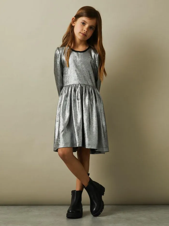 REISS Dresses Children Metallic Fit And Flare Dress Silver