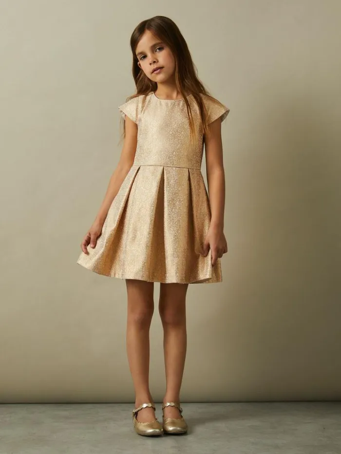 REISS Dresses Children Metallic Pleated Cap Sleeve Dress Gold