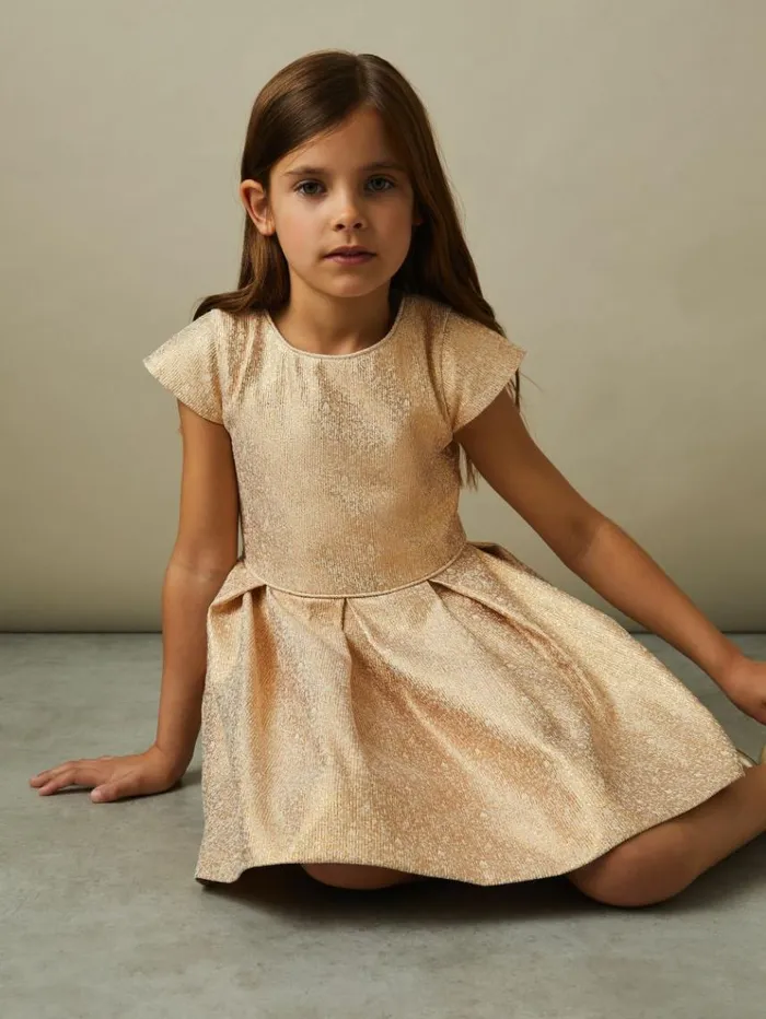 REISS Dresses Children Metallic Pleated Cap Sleeve Dress Gold