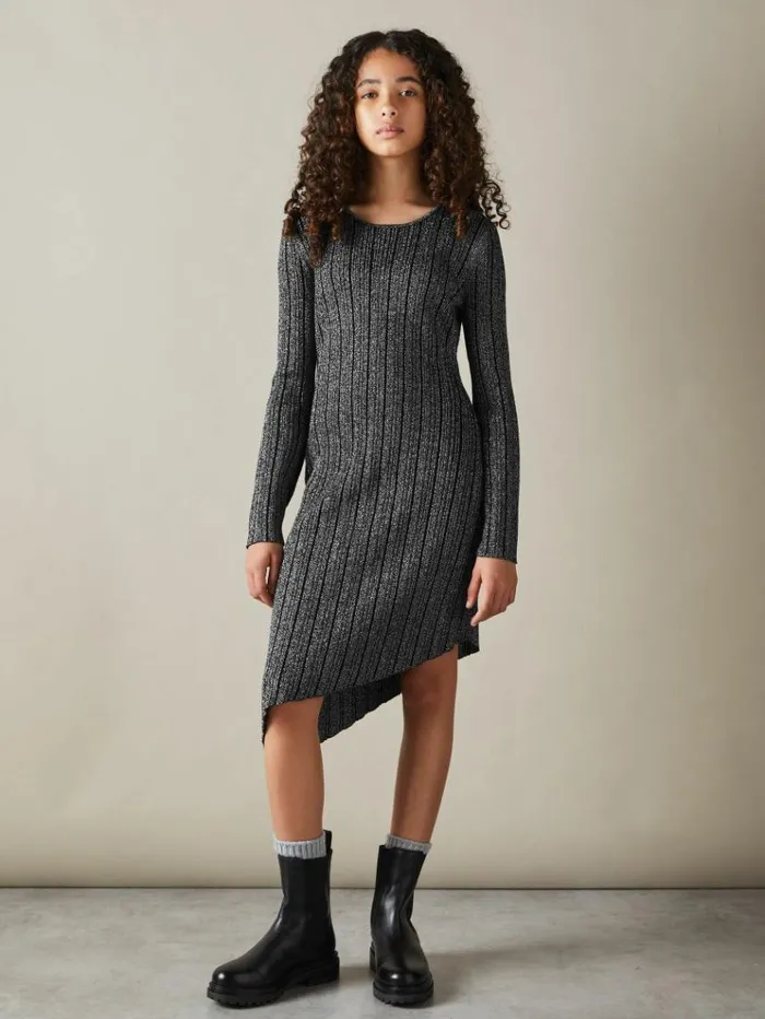 REISS Dresses Children Metallic Ribbed Asymmetric Dress Black