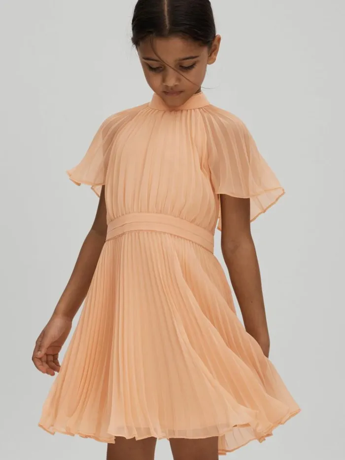 REISS Dresses Children Pleated Cape Sleeve Dress Apricot