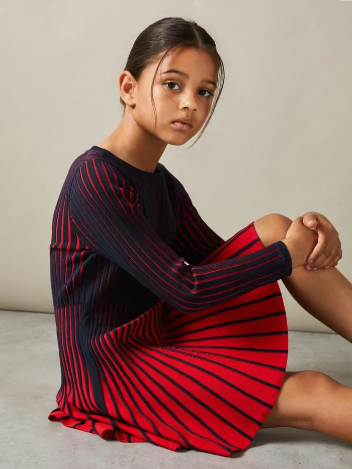 REISS Dresses Children Pleated Contrast Skater Dress Navy