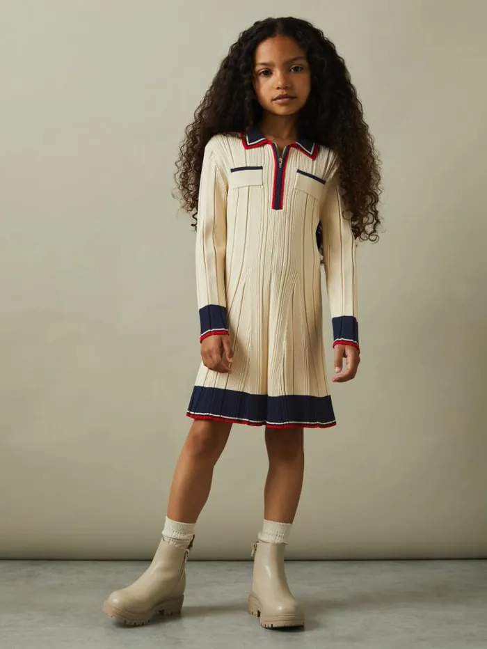 REISS Dresses Children Ribbed Colourblock Mini Dress Camel