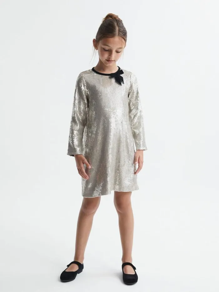 REISS Dresses Children Sequin Bow Dress Silver