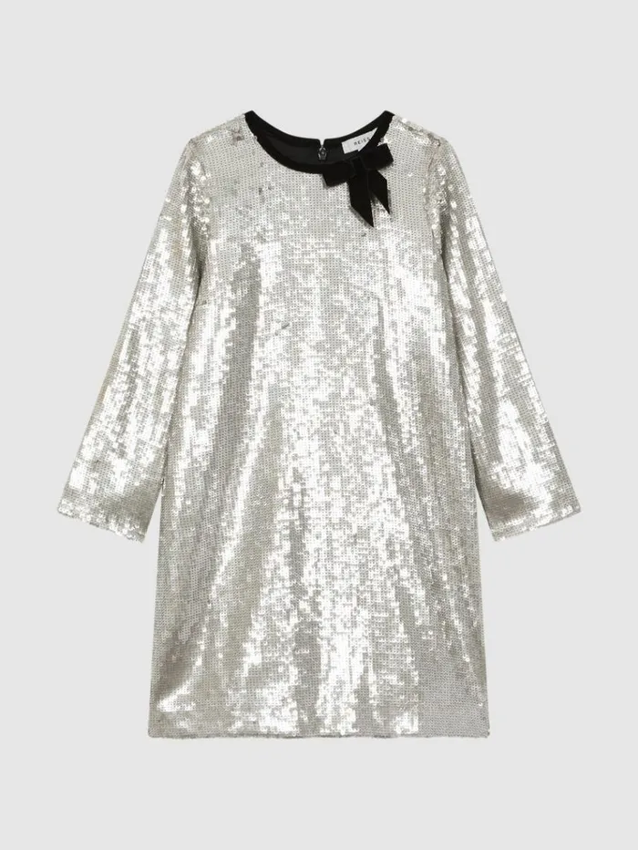 REISS Dresses Children Sequin Bow Dress Silver