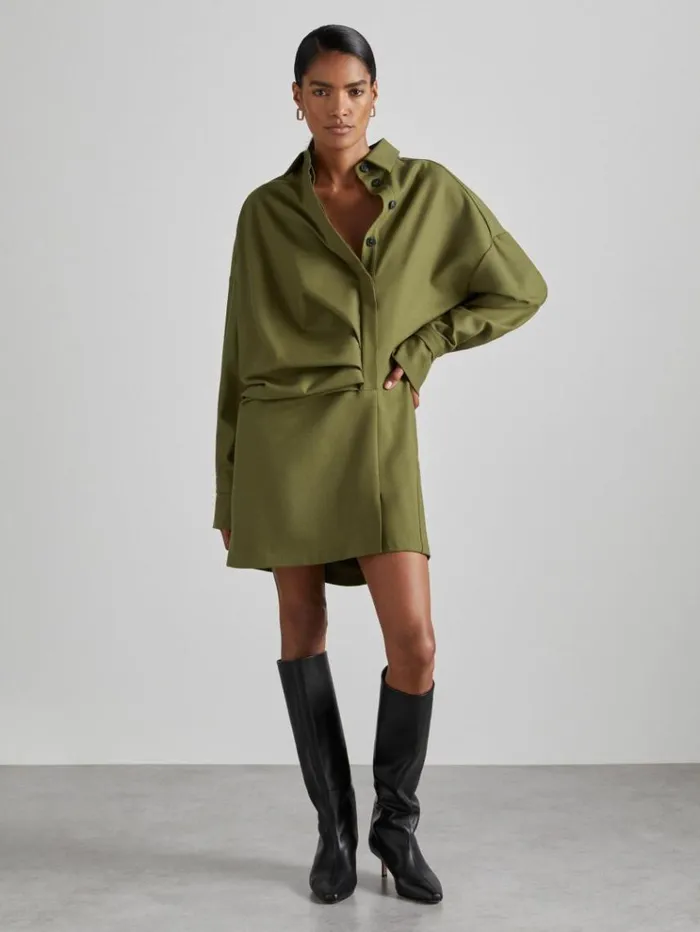 REISS Dresses Women Atelier Draped Shirt Dress With Wool Khaki