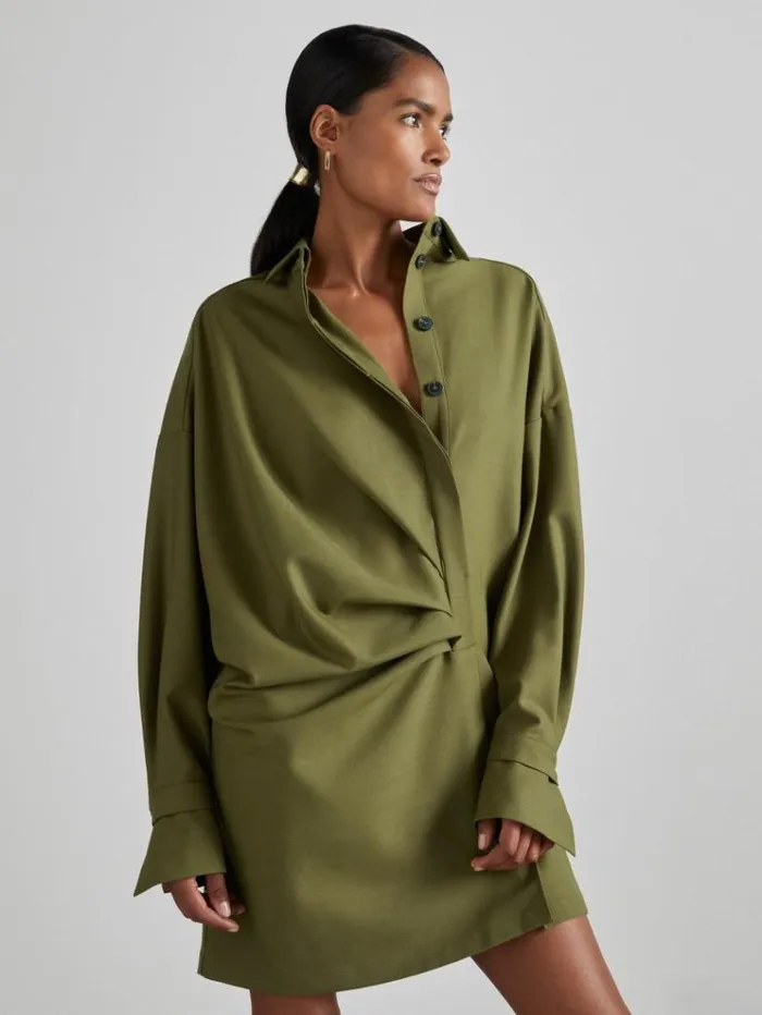 REISS Dresses Women Atelier Draped Shirt Dress With Wool Khaki