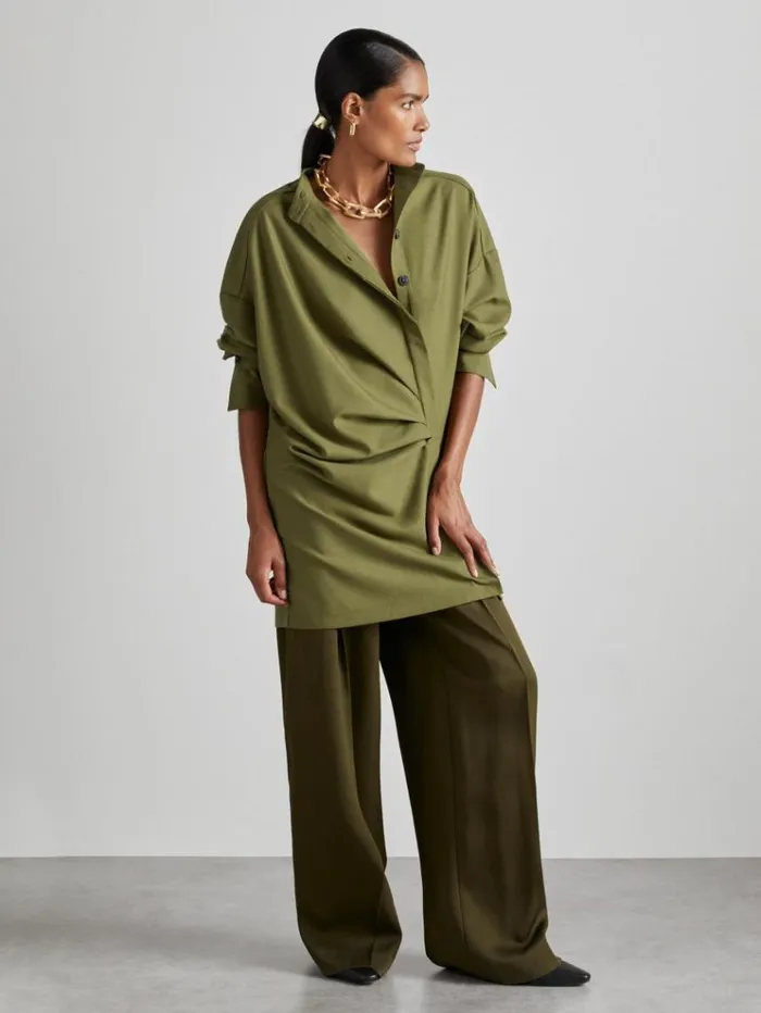 REISS Dresses Women Atelier Draped Shirt Dress With Wool Khaki