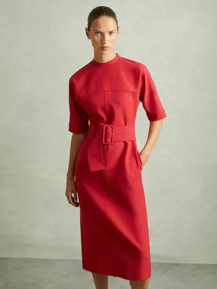 REISS Dresses Women Belted Midi Dress Red