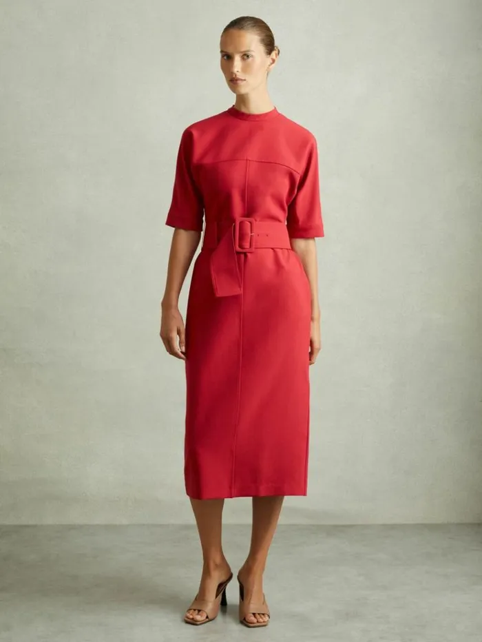 REISS Dresses Women Belted Midi Dress Red