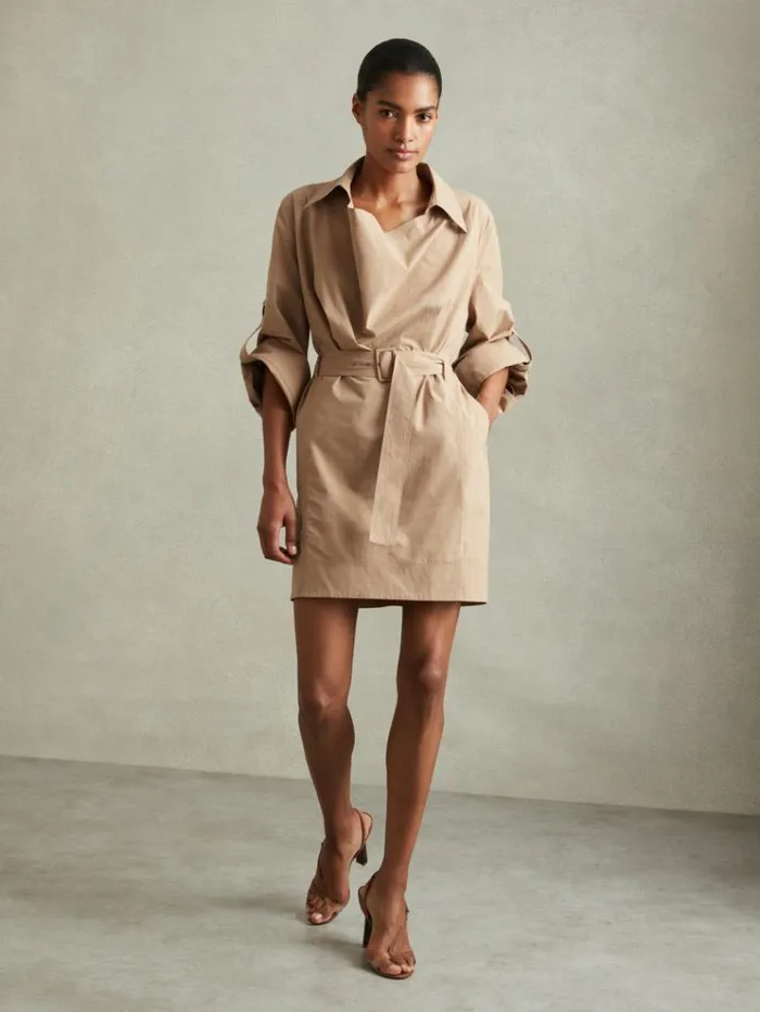 REISS Dresses Women Cotton Blend Collared Cowl Neck Mini Dress Stone