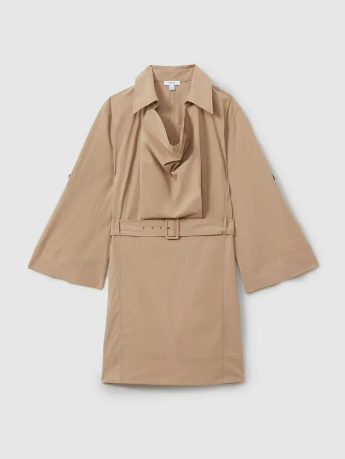 REISS Dresses Women Cotton Blend Collared Cowl Neck Mini Dress Stone