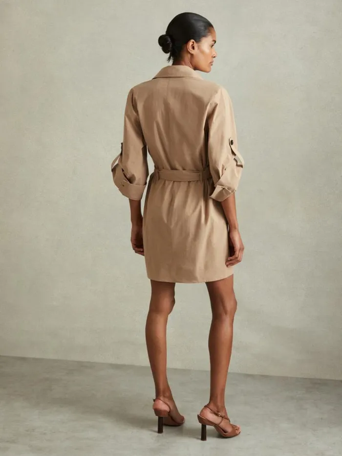REISS Dresses Women Cotton Blend Collared Cowl Neck Mini Dress Stone