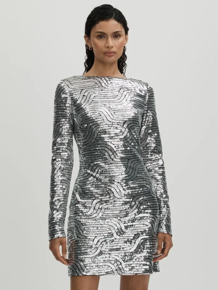 REISS Dresses Women Halston Sequin Mini Dress Silver