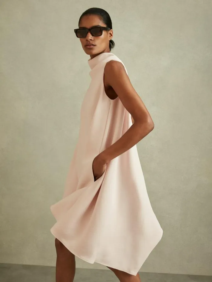 REISS Dresses Women HighNeck Drape Back Mini Dress Nude