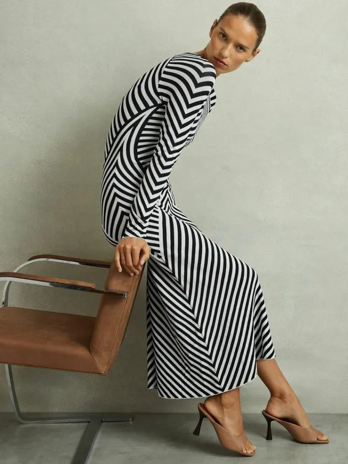 REISS Dresses Women Knitted Striped Midi Dress Blackivory