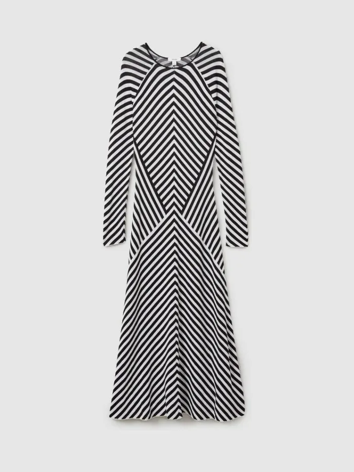 REISS Dresses Women Knitted Striped Midi Dress Blackivory