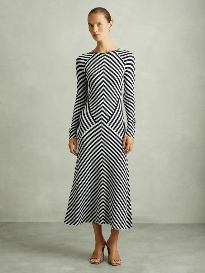 REISS Dresses Women Knitted Striped Midi Dress Blackivory
