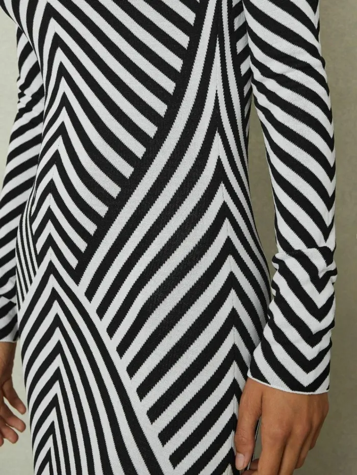 REISS Dresses Women Knitted Striped Midi Dress Blackivory