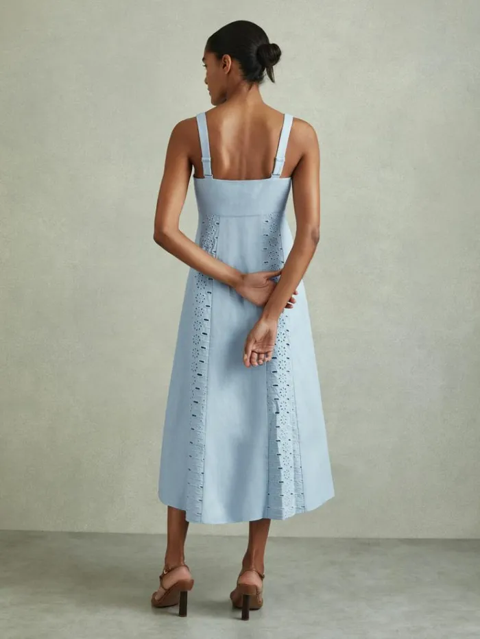 REISS Dresses Women Linen Broderie Midi Dress Blue