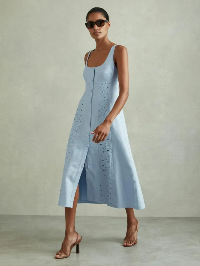 REISS Dresses Women Linen Broderie Midi Dress Blue