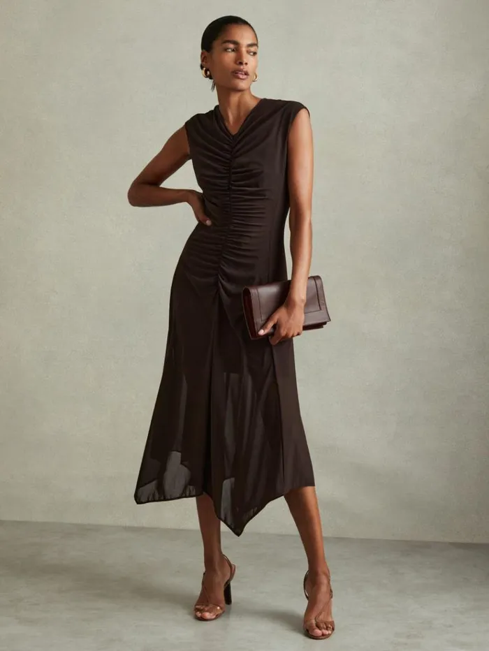 REISS Dresses Women Mesh Ruched Midi Dress Chocolate