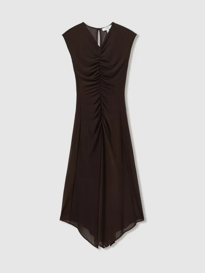 REISS Dresses Women Mesh Ruched Midi Dress Chocolate