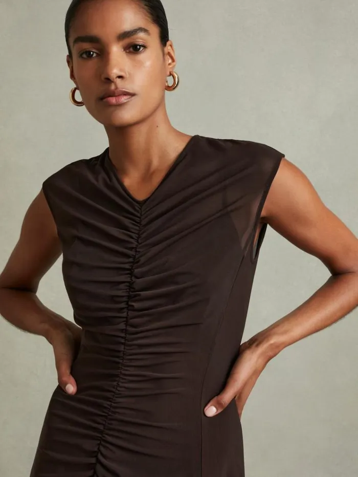 REISS Dresses Women Mesh Ruched Midi Dress Chocolate