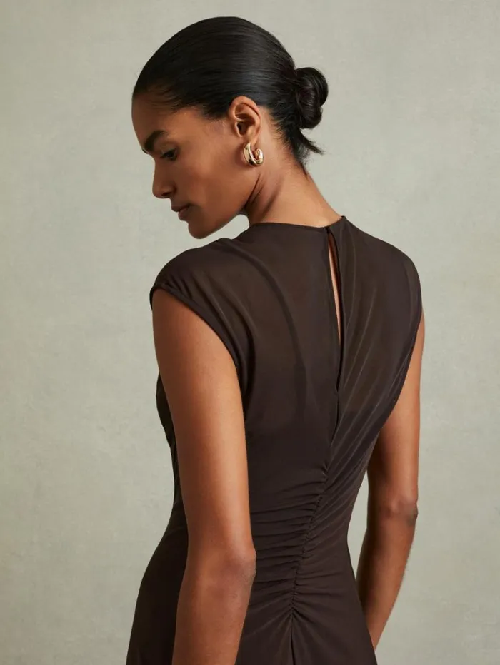 REISS Dresses Women Mesh Ruched Midi Dress Chocolate