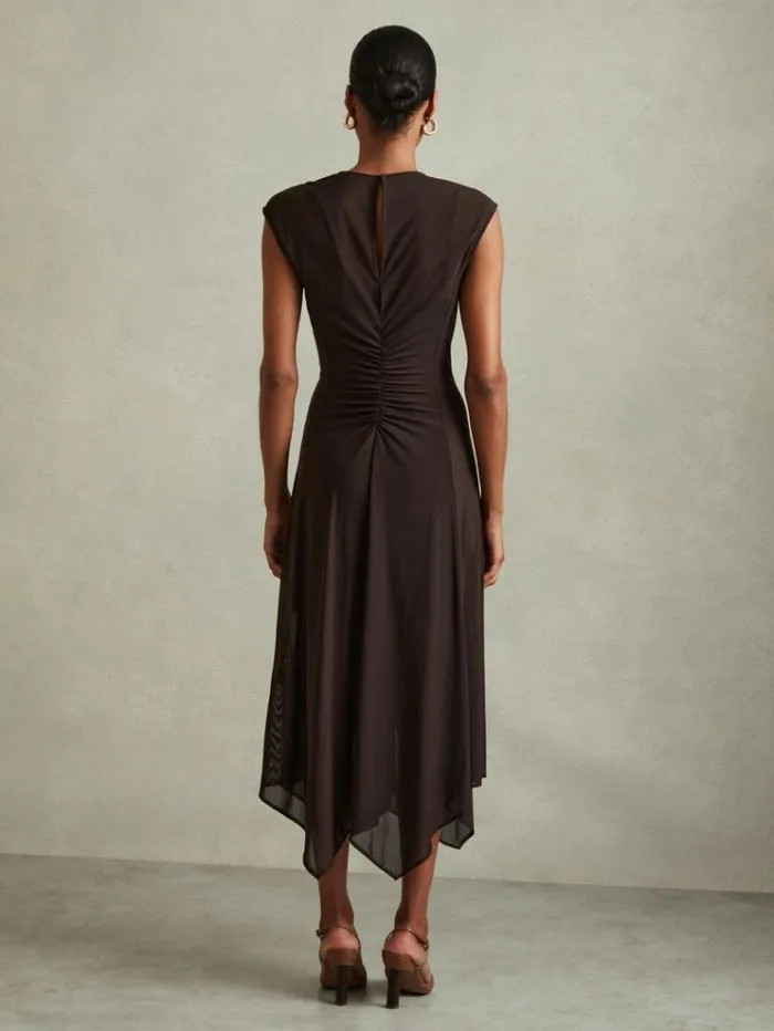REISS Dresses Women Mesh Ruched Midi Dress Chocolate