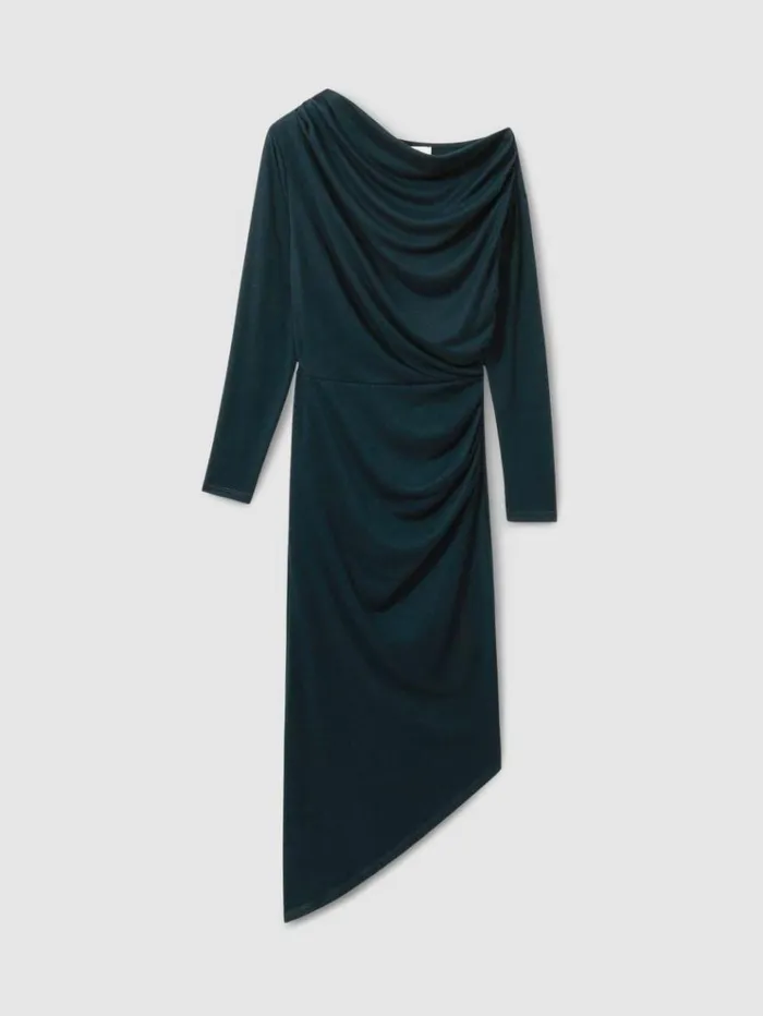 REISS Dresses Women OffTheShoulder Ruched Jersey Midi Dress Teal