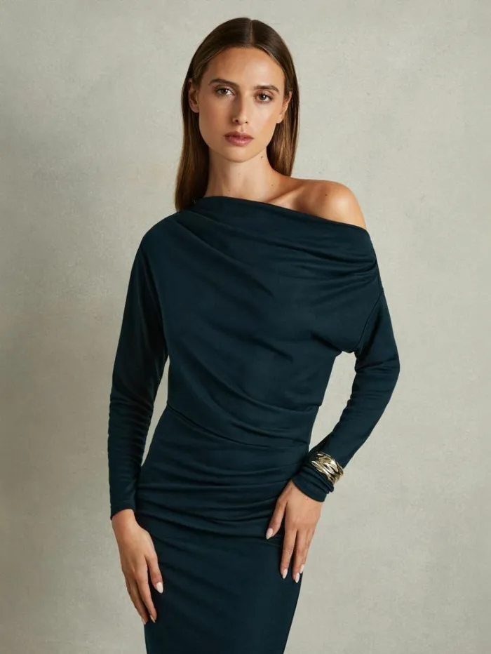 REISS Dresses Women OffTheShoulder Ruched Jersey Midi Dress Teal