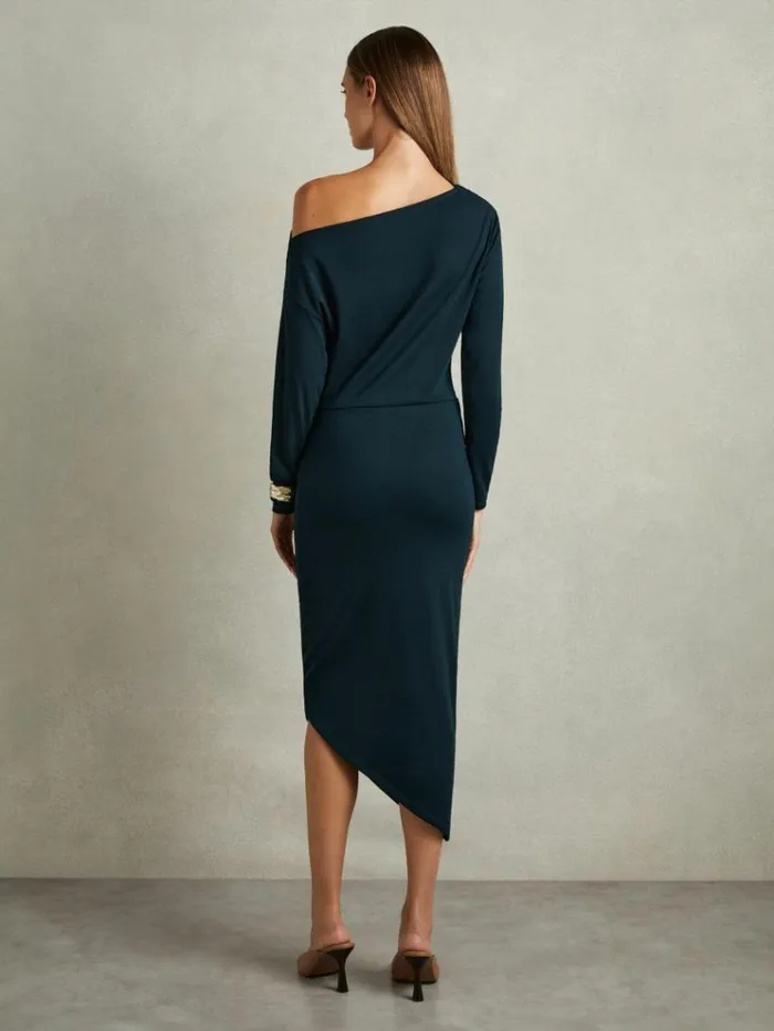 REISS Dresses Women OffTheShoulder Ruched Jersey Midi Dress Teal