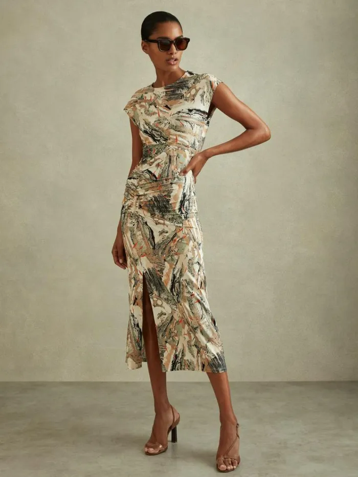 REISS Dresses Women Printed Jersey Midi Dress Multi