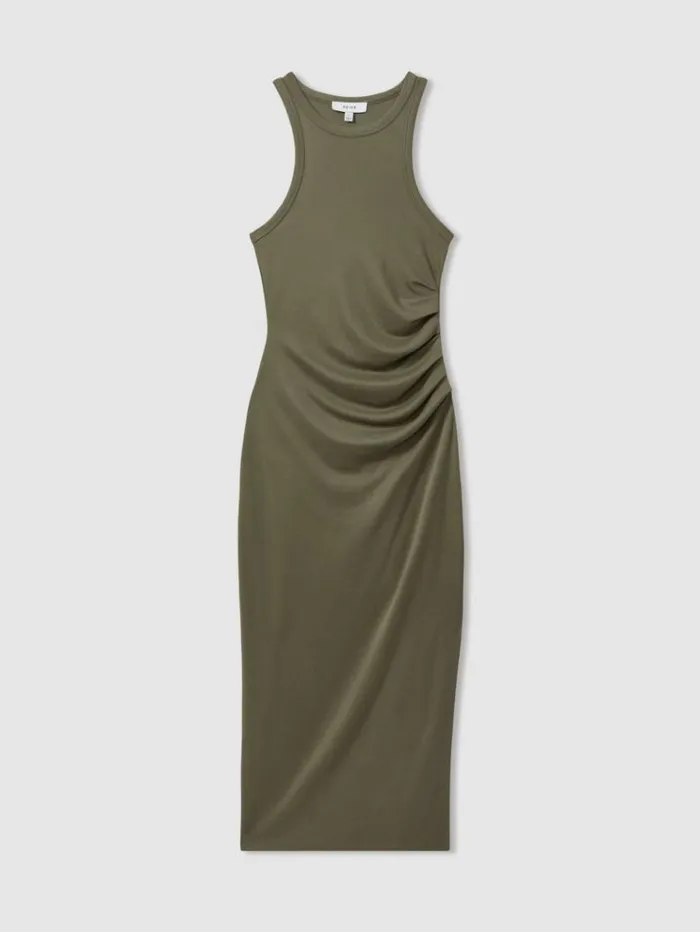 REISS Dresses Women Ruched Jersey Bodycon Midi Dress Khaki