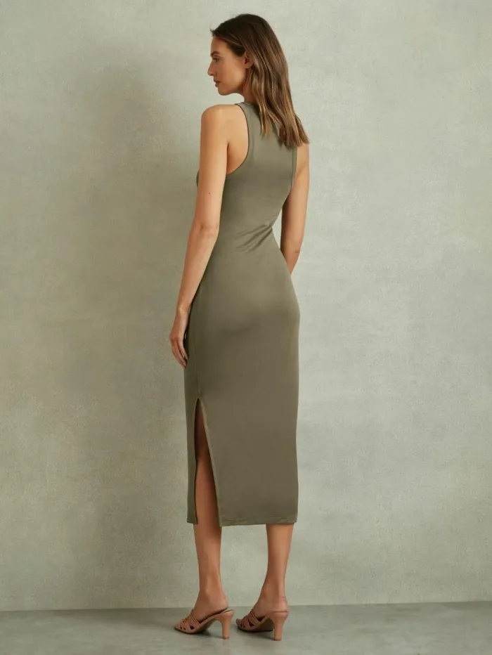 REISS Dresses Women Ruched Jersey Bodycon Midi Dress Khaki