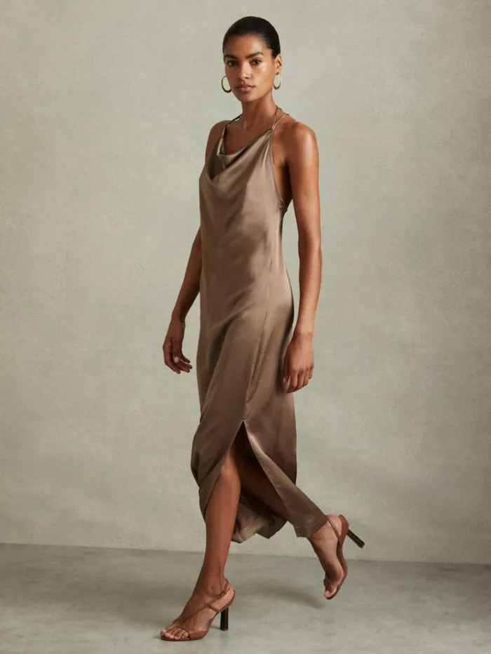 REISS Dresses Women Satin Cowl Neck Maxi Dress Mink