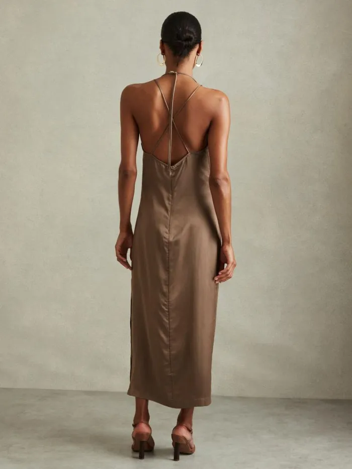 REISS Dresses Women Satin Cowl Neck Maxi Dress Mink
