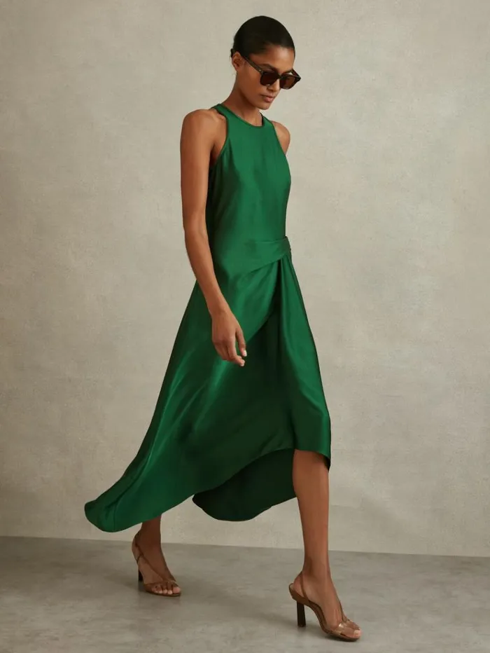 REISS Dresses Women Satin Drape Tuck Midi Dress Green