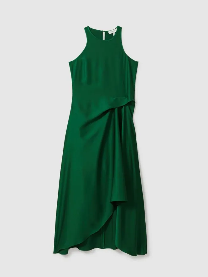 REISS Dresses Women Satin Drape Tuck Midi Dress Green