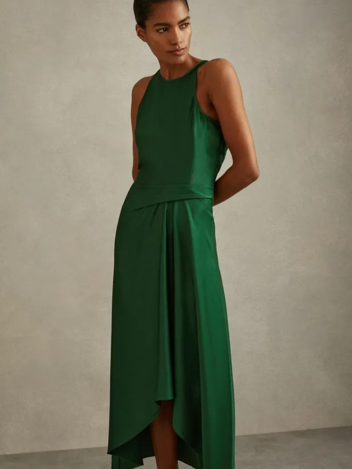 REISS Dresses Women Satin Drape Tuck Midi Dress Green