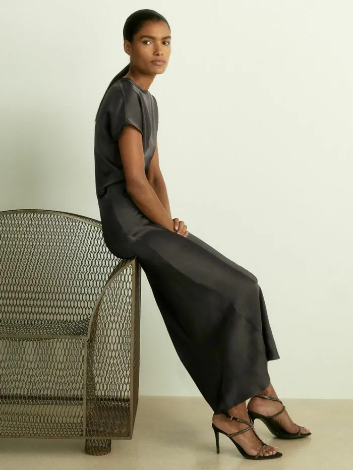 REISS Dresses Women Satin ShortSleeve Midi Dress Charcoal