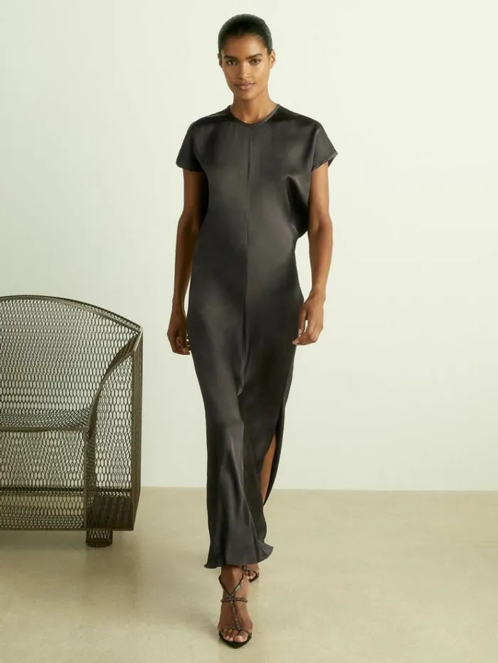 REISS Dresses Women Satin ShortSleeve Midi Dress Charcoal