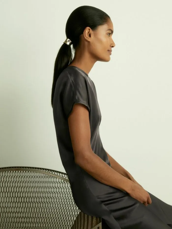 REISS Dresses Women Satin ShortSleeve Midi Dress Charcoal