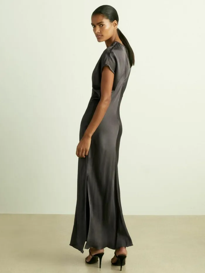 REISS Dresses Women Satin ShortSleeve Midi Dress Charcoal