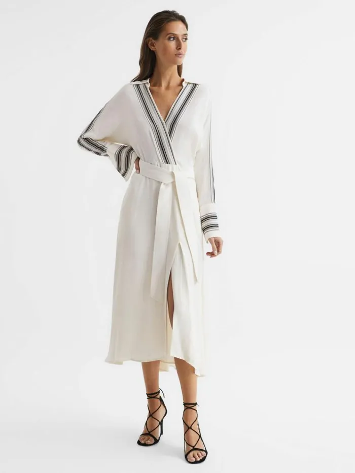 REISS Dresses Women Side Stripe Tie Front Midi Dress Ivory