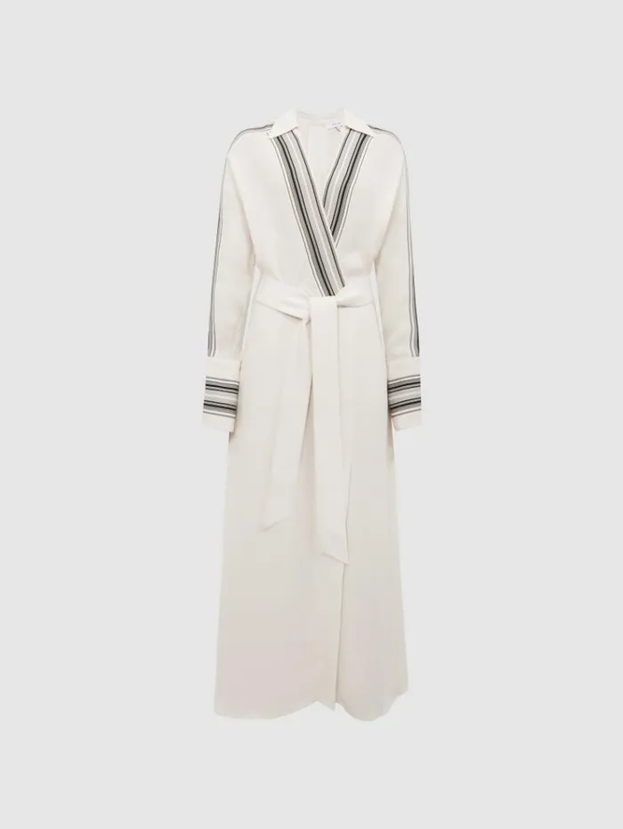 REISS Dresses Women Side Stripe Tie Front Midi Dress Ivory