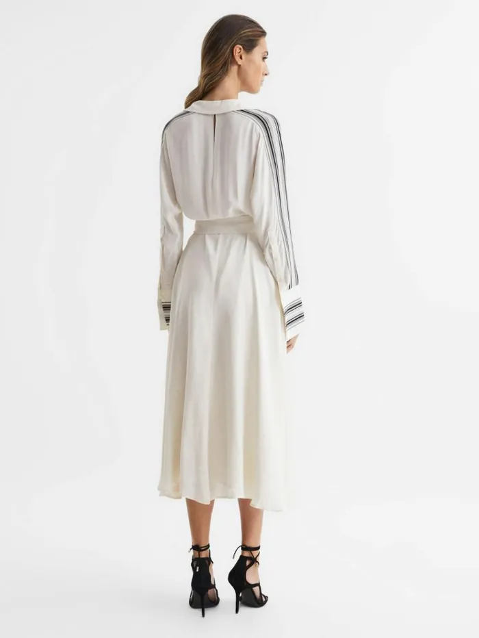REISS Dresses Women Side Stripe Tie Front Midi Dress Ivory