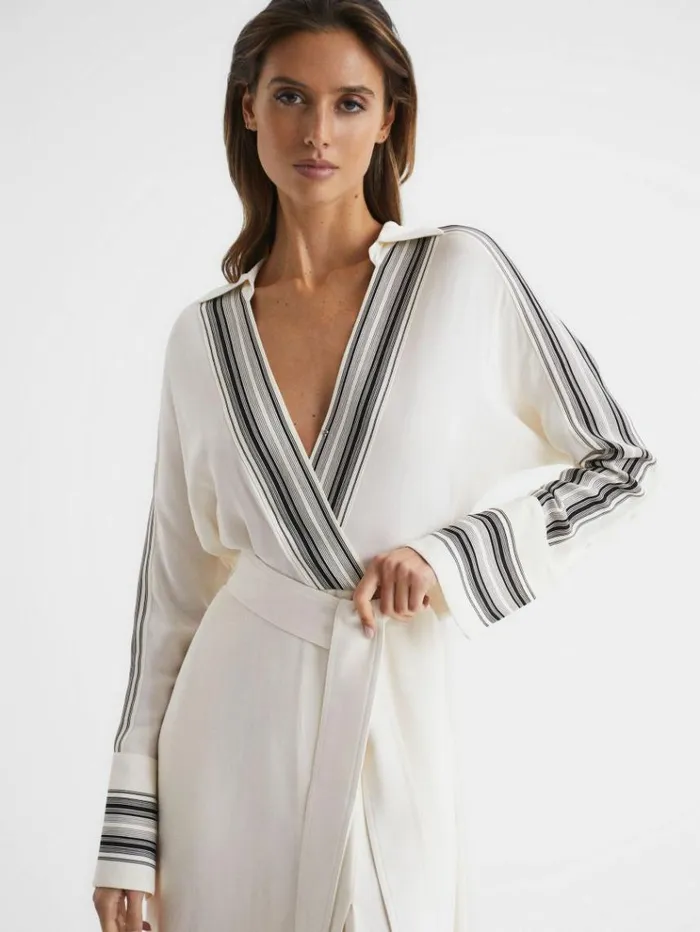 REISS Dresses Women Side Stripe Tie Front Midi Dress Ivory